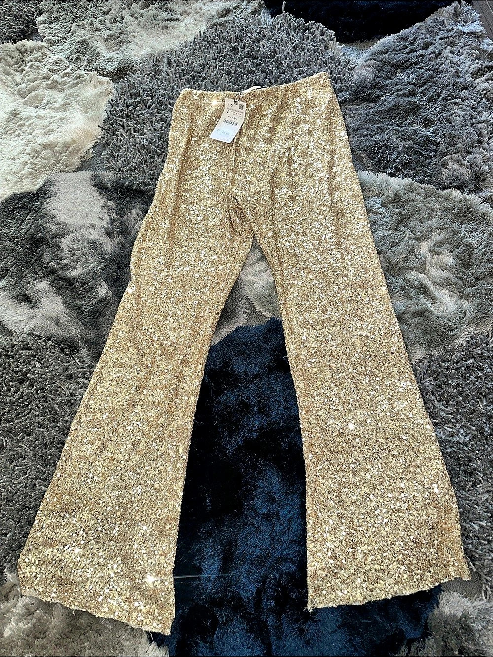 Zara Legging Hi-Rise Gold Sequin Wide Leg Pants Large NWT